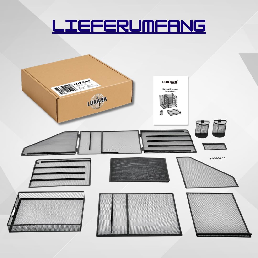 Lukana Schreibtisch Organizer mit 5 Ablagen – Briefablage, Stiftehalter & Schublade – Büro Organizer aus Metall Mesh – Dokumentenablage A4 – Platzsparend Schwarz