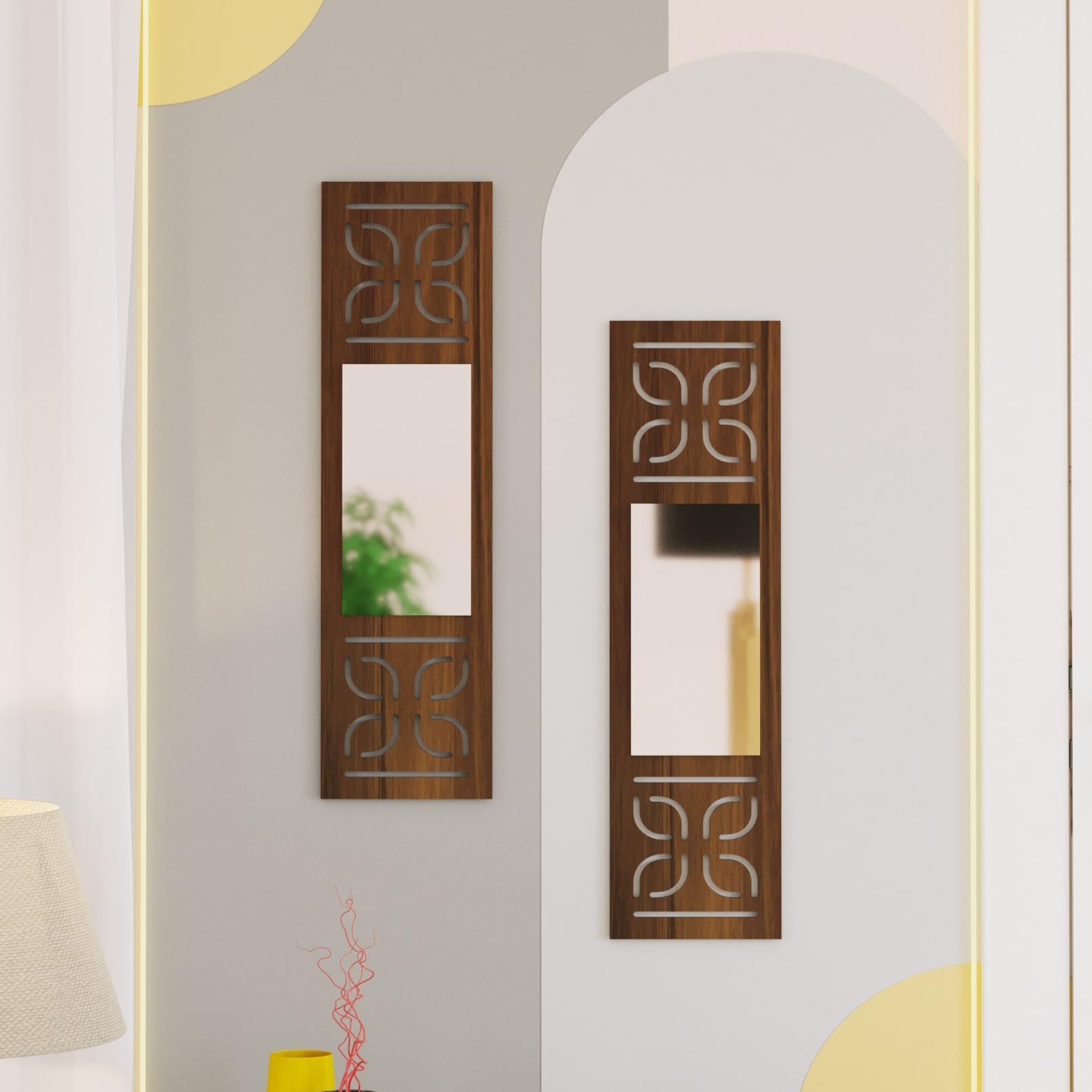 BLUEWUD Promys Wall Hanging Wooden & Mirror Wall Art Decor Display Shelve for Living Room, Bedroom, Office for Home, Pre-Assembled (Brown Maple, 16 X 1 X 64 Cm), (Set of Two)-image-21