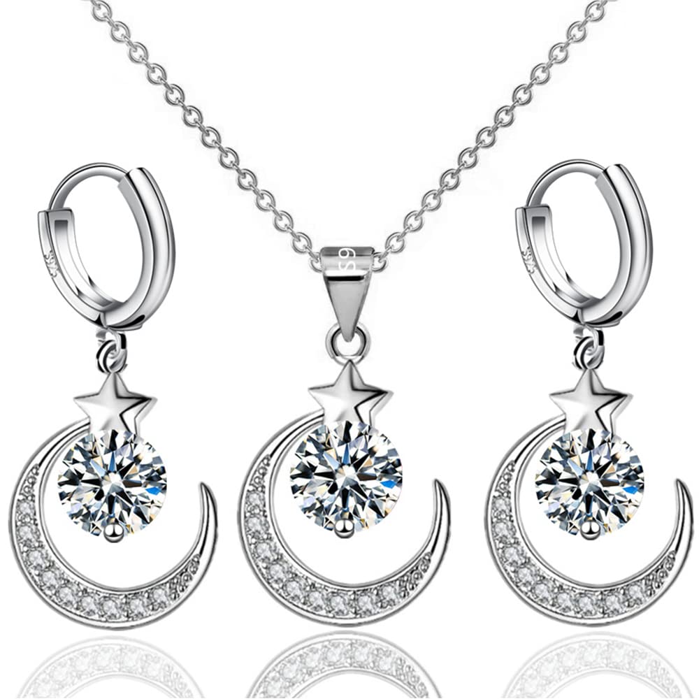 TOFBS Conjuntos de Joyas para Mujer y Niñas Plata de Ley 925 Zirconia Cúbica Corazón/Luna Collar con Colgante y Pendientes Juego de Joyas Boda Fiesta Cumpleaños Día de San Valentín Regalos