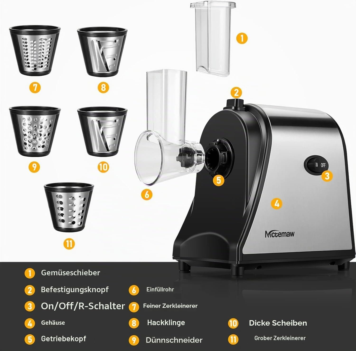 Gemüseschneider Elektrisch 250W Professional, 5-in-1 Küchenreibe mit 5 Klingen für Käse Kartoffeln Karotten, Gemüsehobel Edelstahl
