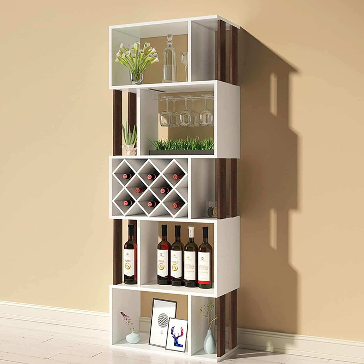 Ceiling Shelf Modern Liquor Bar Cabinet 5-Tier Free Standing Wine Racks Floor Bottles Organizer Display Shelf Easy to Install/64 12 24in White