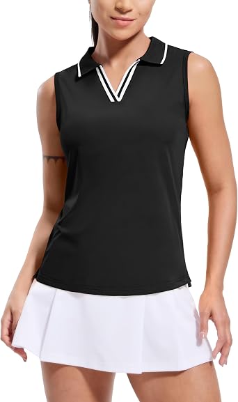 MIER Sleeveless Golf Polo Shirts for Women, V Neck Collared Tank Top | UPF 50+, Contrast Ribbed Collar, Quick-Dry, Breathable, Stretch, Moisture-Wicking, Side Slit Hem, For Sports, Tennis & Golf