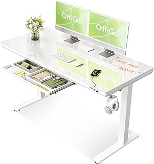 Glass Height Adjustable Desk, 140x60cm Electric Desk with Drawers and Socket, Full Table Plate, Standing Desk, Stand Sitz Glass Table for Home Office and Office, White