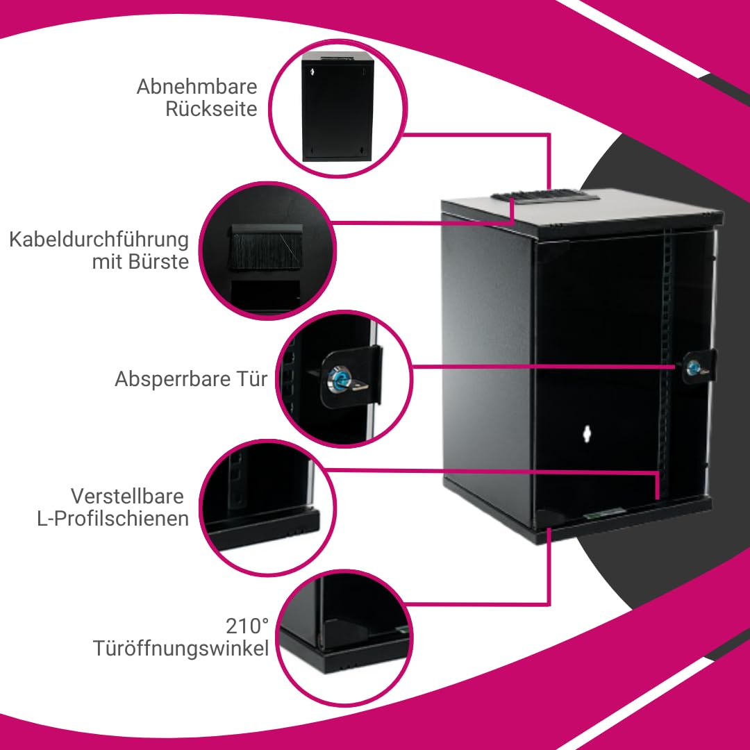 Netzwerkschrank 10 Zoll 9HE I 300 mm Tiefe I Serverschrank Schwarz | Wandmontage I abschließbare Glastür I voll montiert I 60 kg Traglast I 312x300x464 mm (Schwarz, 9HE)