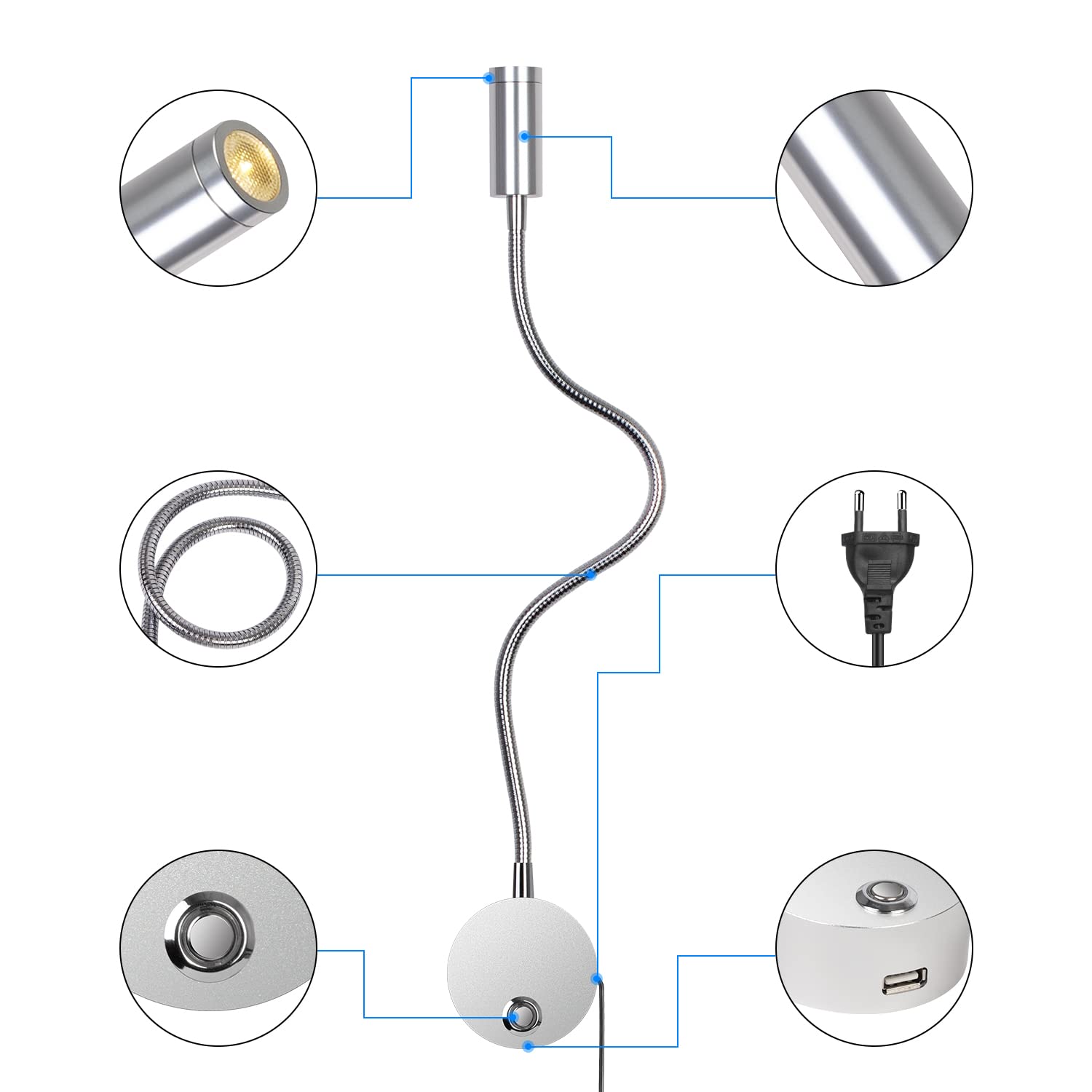 ERWEY Lampada da lettura da parete, lampada da comodino a LED da parete con interruttore touch, dimmerabile e presa di ricarica USB, collo d'oca girevole a 360° con spina e cavo, 3000-6000K, argento