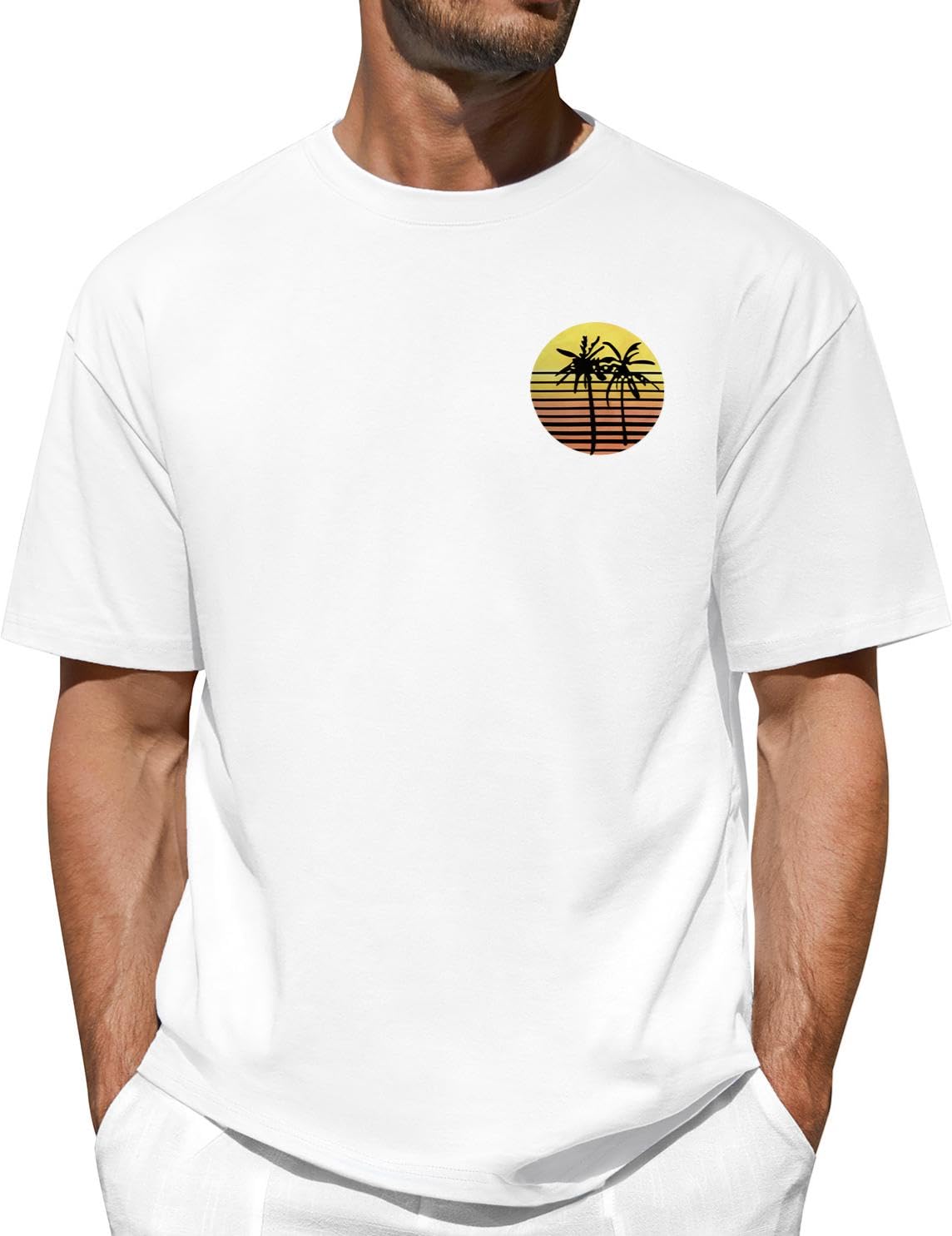 Lonya Herren Oversize T Shirt Sommer, Baumwolle Rundhals Kurzarm, Kokosnussbaum Strand Sonnenuntergang Palm Bedruckte Streetwear Basic Casual Oberteile Top