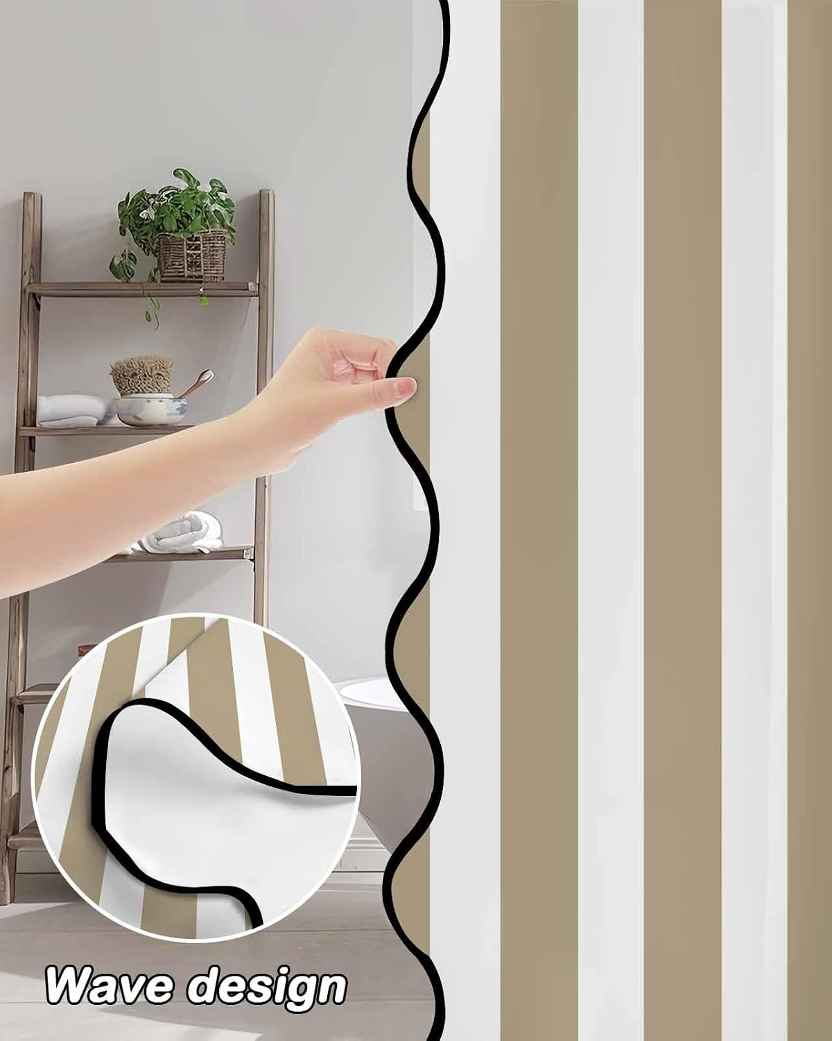 Stripes Khaki Shower Curtain, Waterproof Fabric Small Shower Curtains for Bathroom with 12 Hooks, Modern Geometric Beige White Scalloped Edge Bathroom Curtain, Hotel Style Bath Curtains 36"x72"