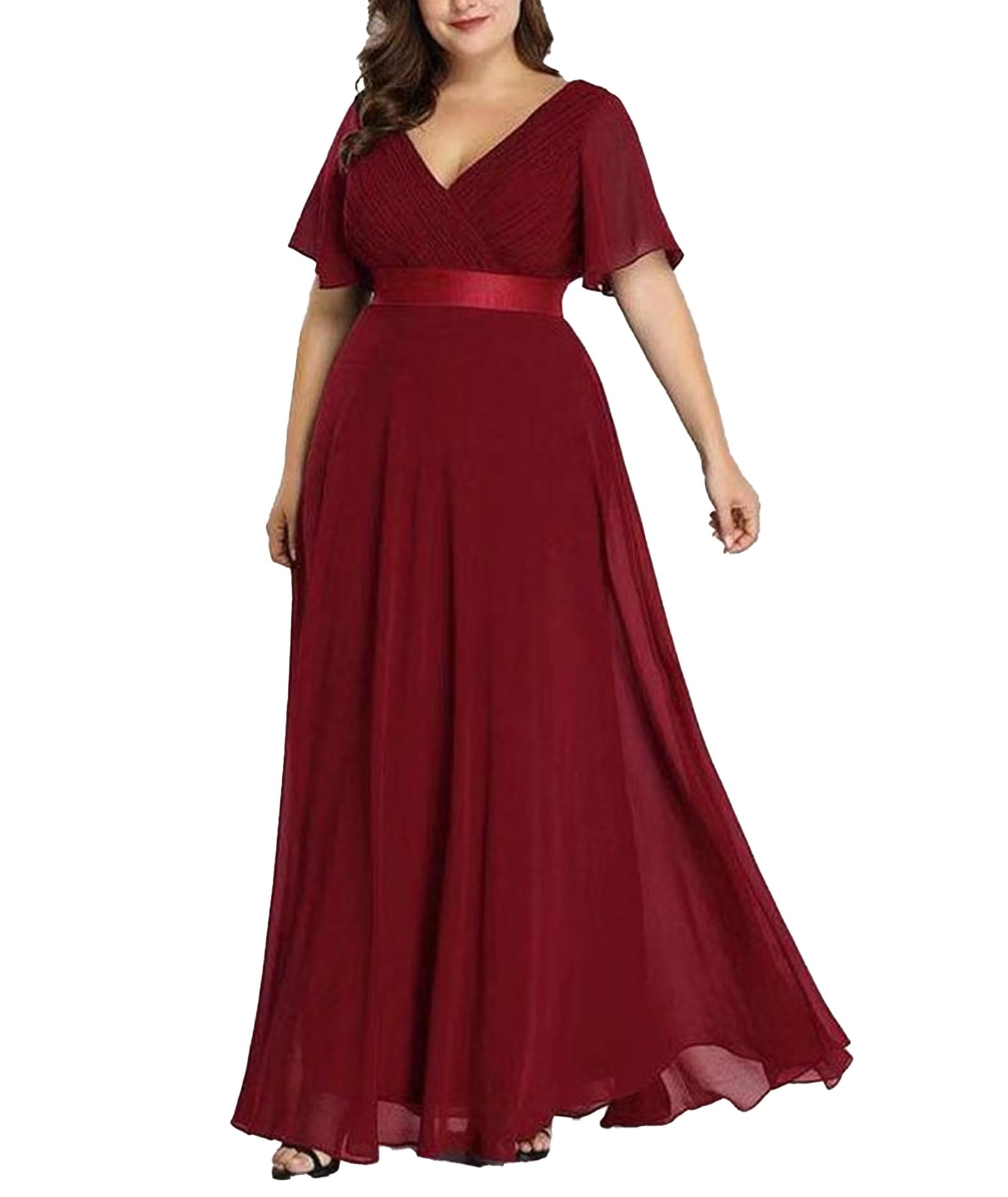 ECDAHICC Damen Abendkleider Gürtel V-Ausschnitt Hohe Taille A-Linie Chiffon Brautjungfernkleid Elegant Lang Ballkleid(WR,M)