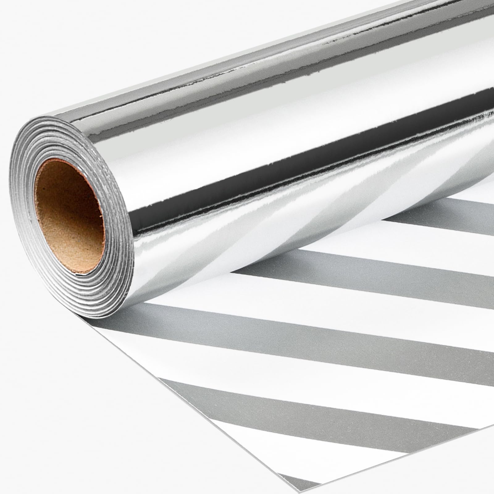 Wikadlik Silver Wrapping Paper - Metallic Silver Solid Color and Stripes Reversible Gift Wrap Paper for Birthday, Anniversary, Christmas, Fathers Day - 43cm x 10m Mini Roll — image 1