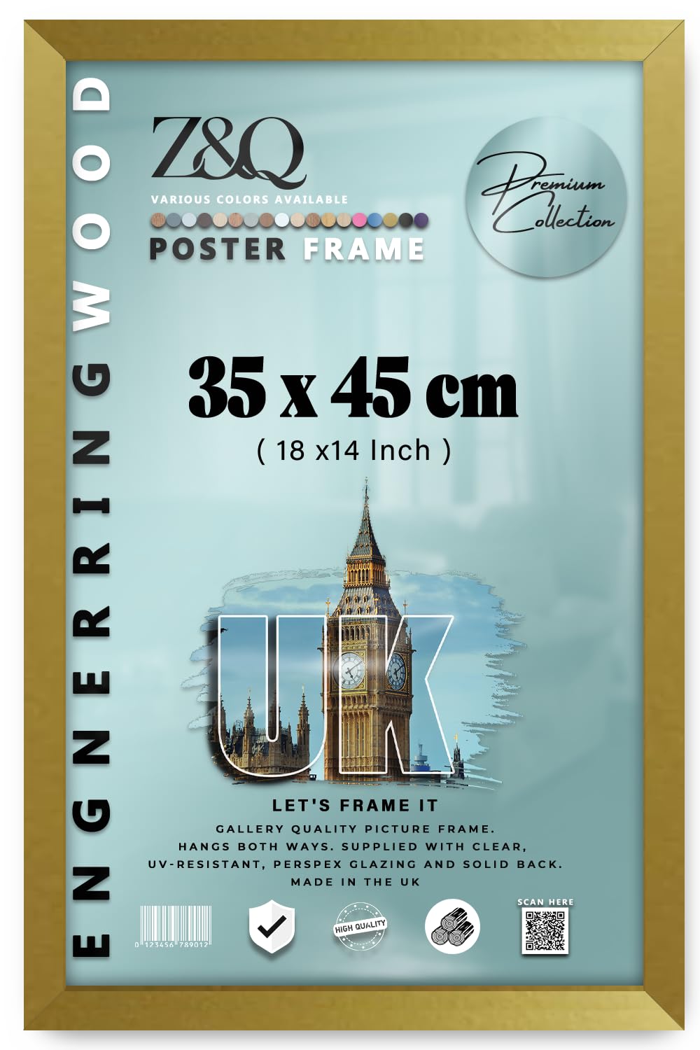 Z&Q - Durable MDF Wood (35 x 45 CM) Poster Frame | Ideal for Art Gallery 18 x14 Inch Picture Frame for Home Décor, Art and Wall Décor [ Gold ]