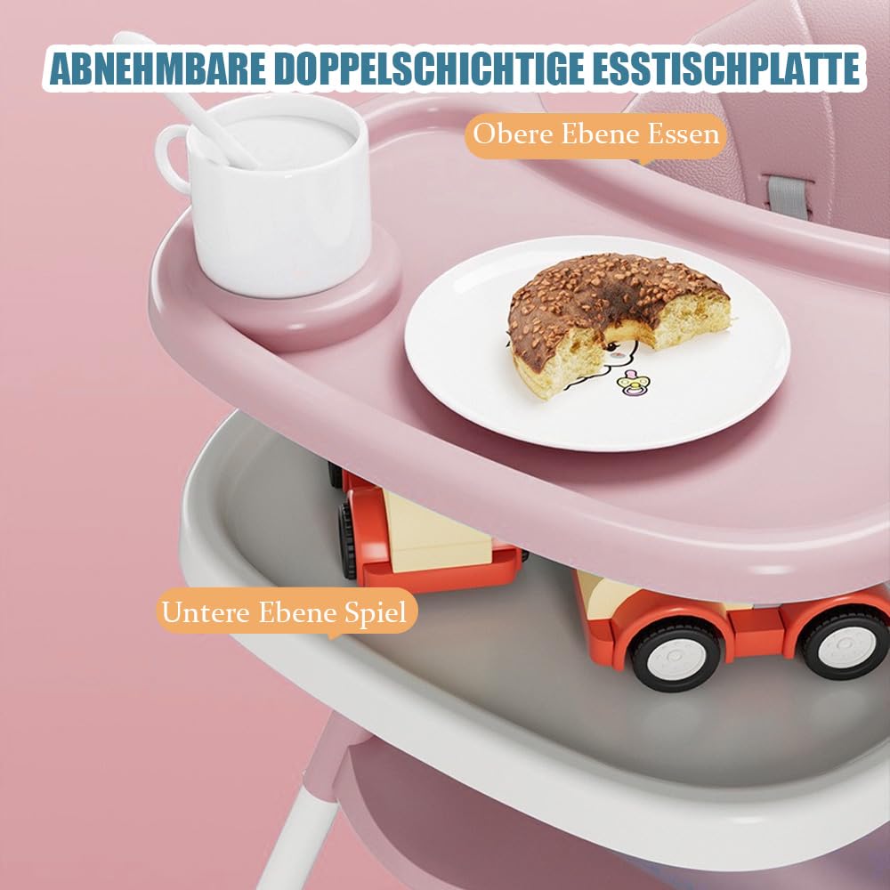 Supfine Seggiolone 3 in 1, regolabile con cintura di sicurezza a 5 punti, tavola da pranzo rimovibile, altezza regolabile 87 cm, pieghevole, per neonati e bambini (rosa, 5 in 1)