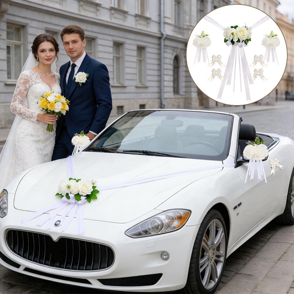 Déco de Voiture de Mariage, Kit de Décoration de Voiture de Mariageavec 3 Roses 4 Nœud 1 Tulle & 1 Ruban Adhésif, Deco Mariage Voiture pour Mariage Réception Cérémonie Fête