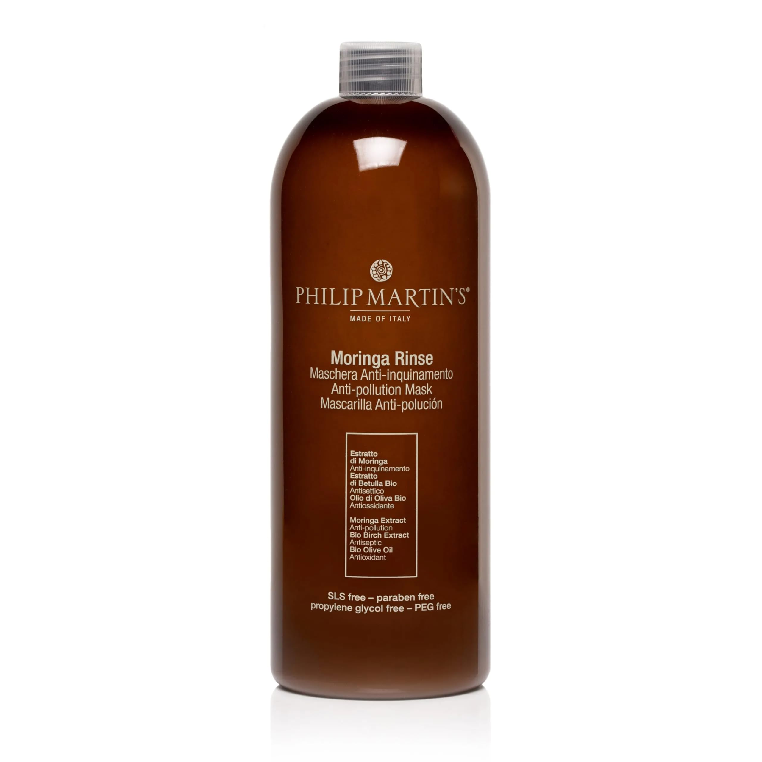 Philip Martin's Moringa Rinse 1000 Ml. Maska nawilżająca, która dzięki wysokiemu stężeniu ekstraktu moringa chroni włosy przed zanieczyszczeniem. Bez siarczanów i parabenów.