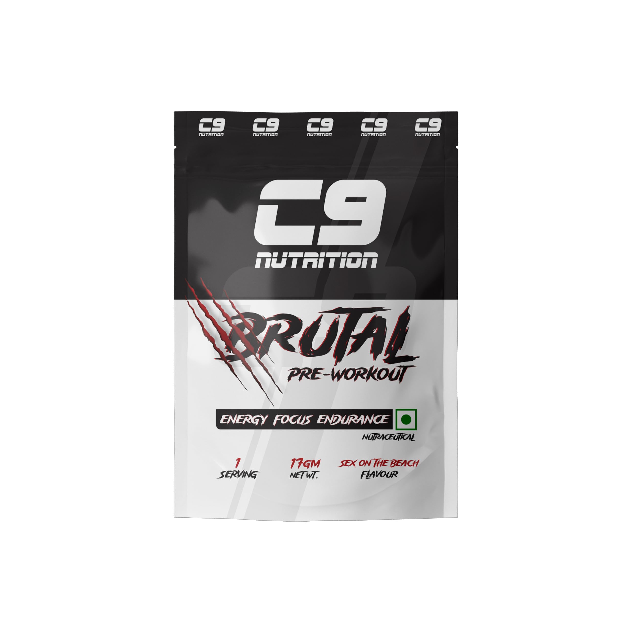 C9 Nutrition BRUTAL Pre Workout Powder | Energy, Focus & Endurance Formula | Beta Alanine, L-Citrulline, Creatine & Caffeine | 1 Serving (17g) | Sex on the Beach Flavour