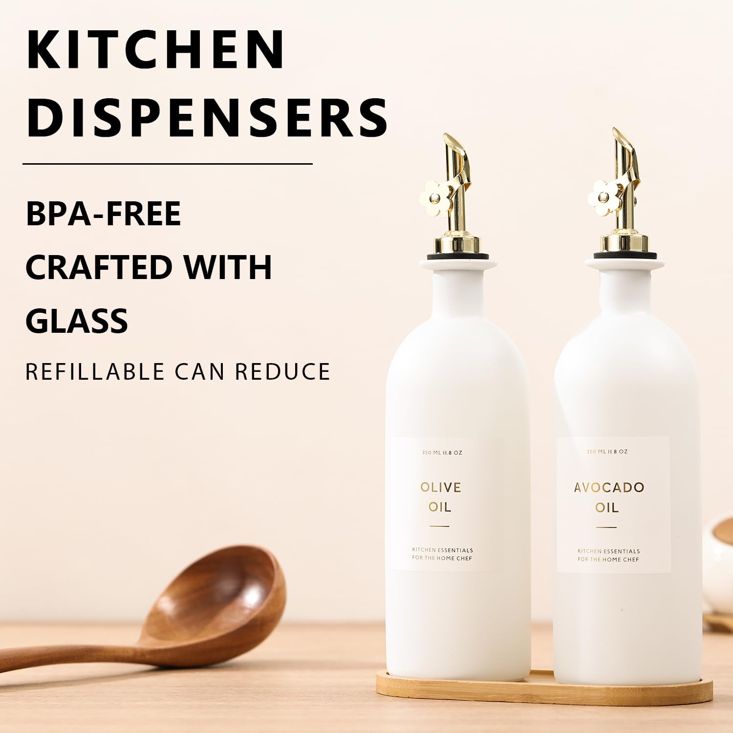HOMCDALY Botella dispensadora de aceite de oliva para cocina, botella dispensadora de aceite de vidrio, juego dispensador de aceite y vinagre dorado, dispensador de aceite de cocina, recipiente de