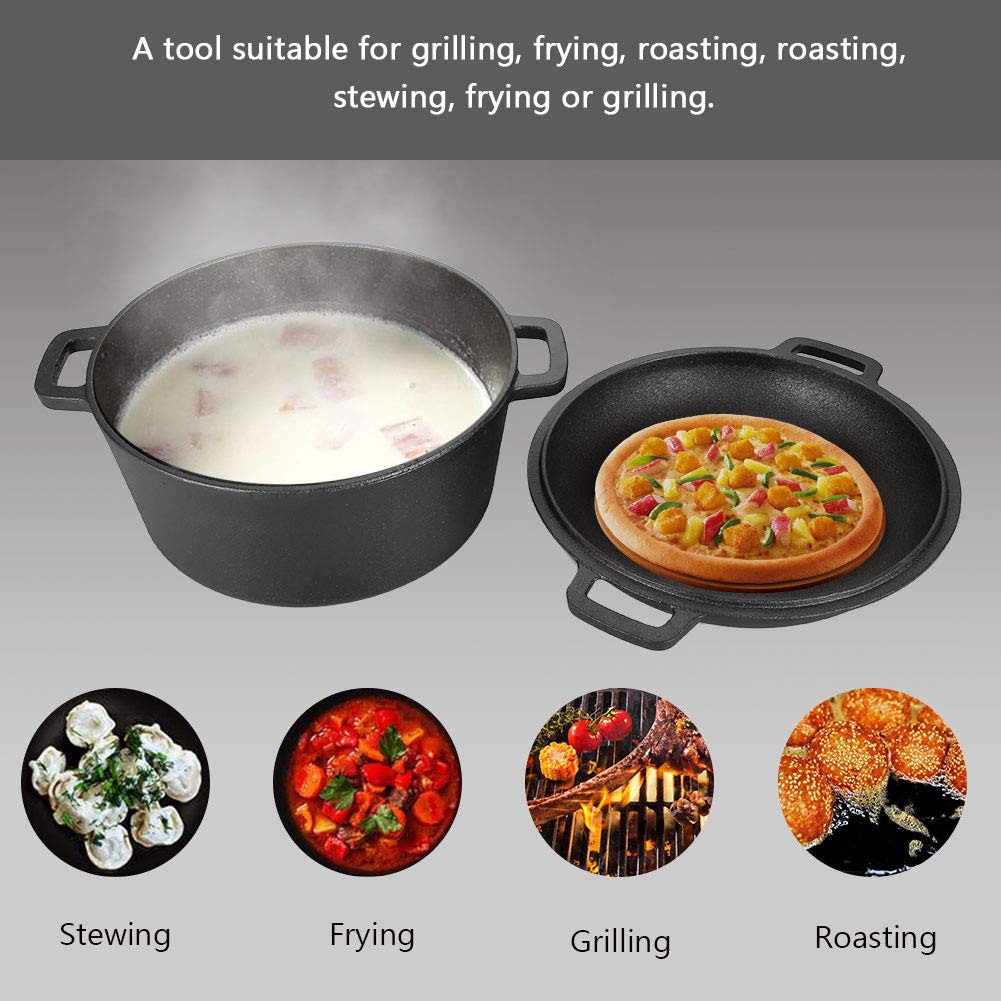 Olla holandesa de hierro fundido Dutch Oven doble con asas, 4,5 litros, cacerola con tapa para camping cocina casera BBQ Bake, 26 x 26 x 12 cm