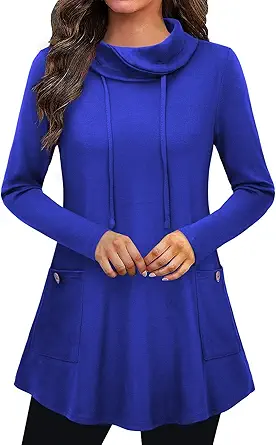 Bulotus Fall Sweaters for Women 2025 Cowl Neck Asymmetrical Long Tunics for Leggings Vacation Travel Tops with Pockets
