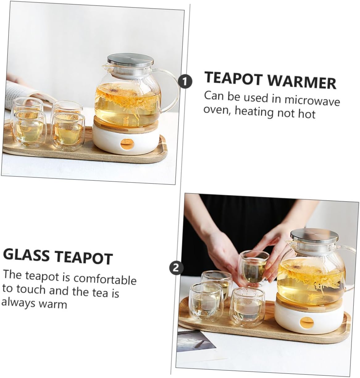 Mikinona 2pcs Borosilicate Glass Teapot Warmer Bamboo Lid Vintage Style Tea Pot