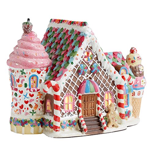 Gingerbread Sweets Porcelain Christmas House - Brown, Glowing Windows, Snow Effect