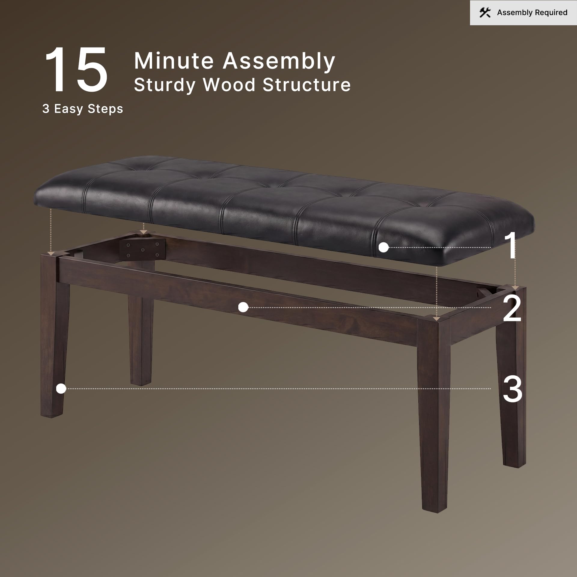 Signature Design by Ashley Haddigan 1-Piece Dining Bench, Faux Leather | Classic button tufted seat, Wood and engineered wood frame, 18.75 in seat height, 2-person capacity, Dark brown finish