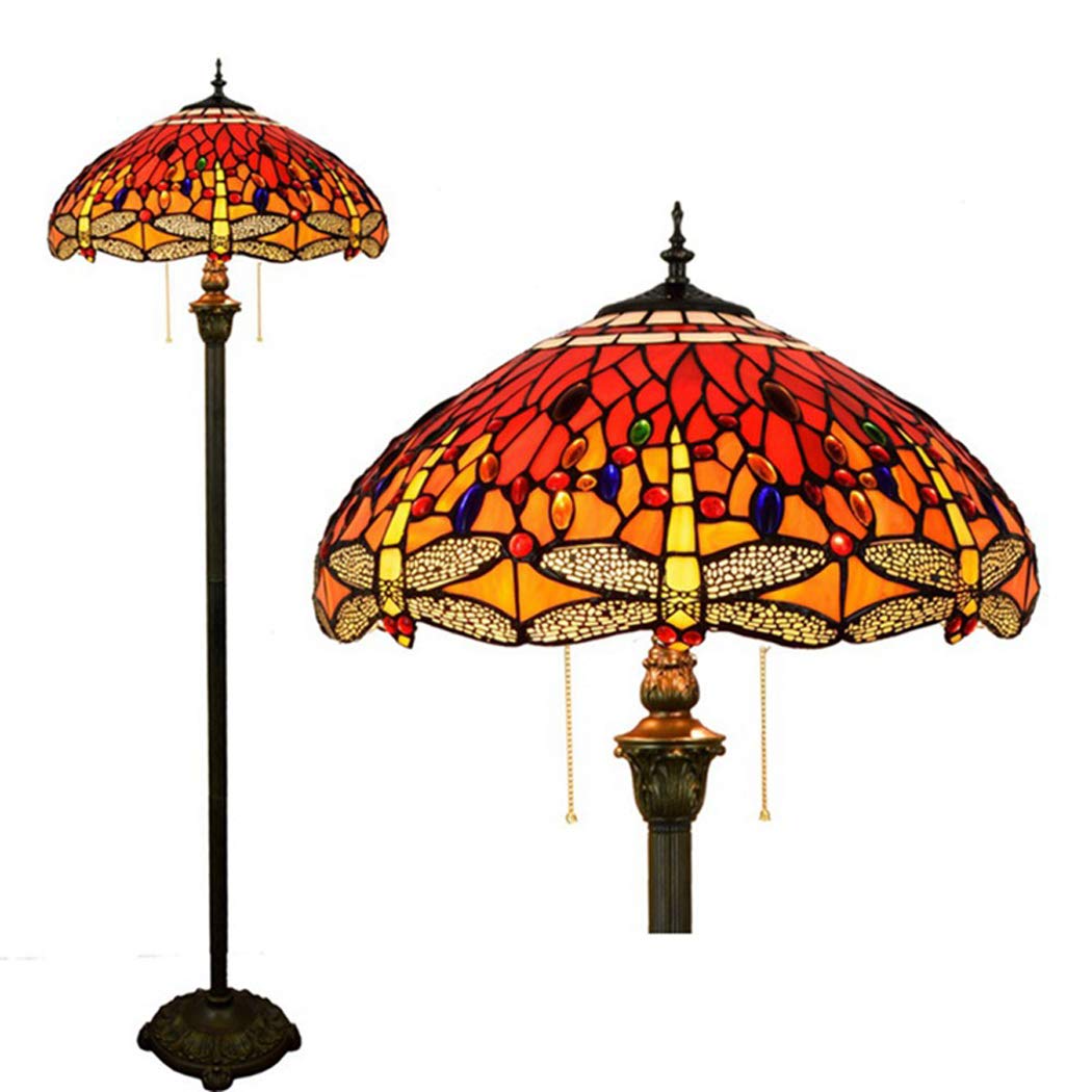 IUokLU Tiffany-style Floor StandLamp 64 Inch Tall Red Crystal Bead Dragonfly ReadLightAntique Base for Bedroom