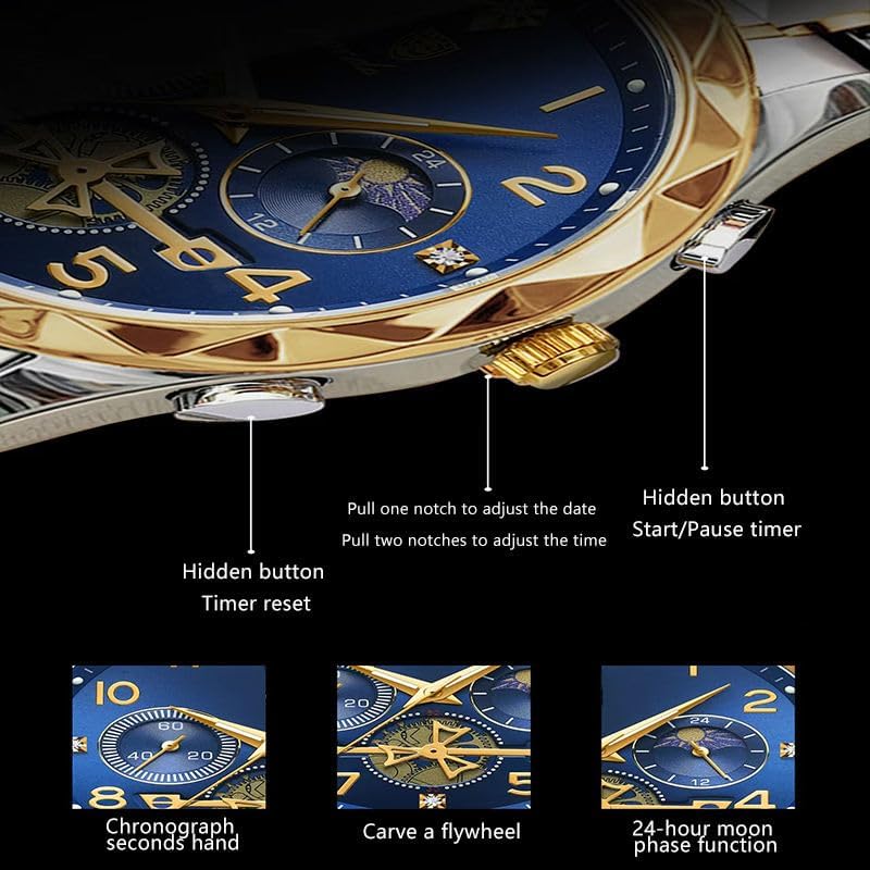 Men's Luxury Watch, Two-Tone Stainless Steel Band, Blue Dial with Gold Accents, Chronograph
