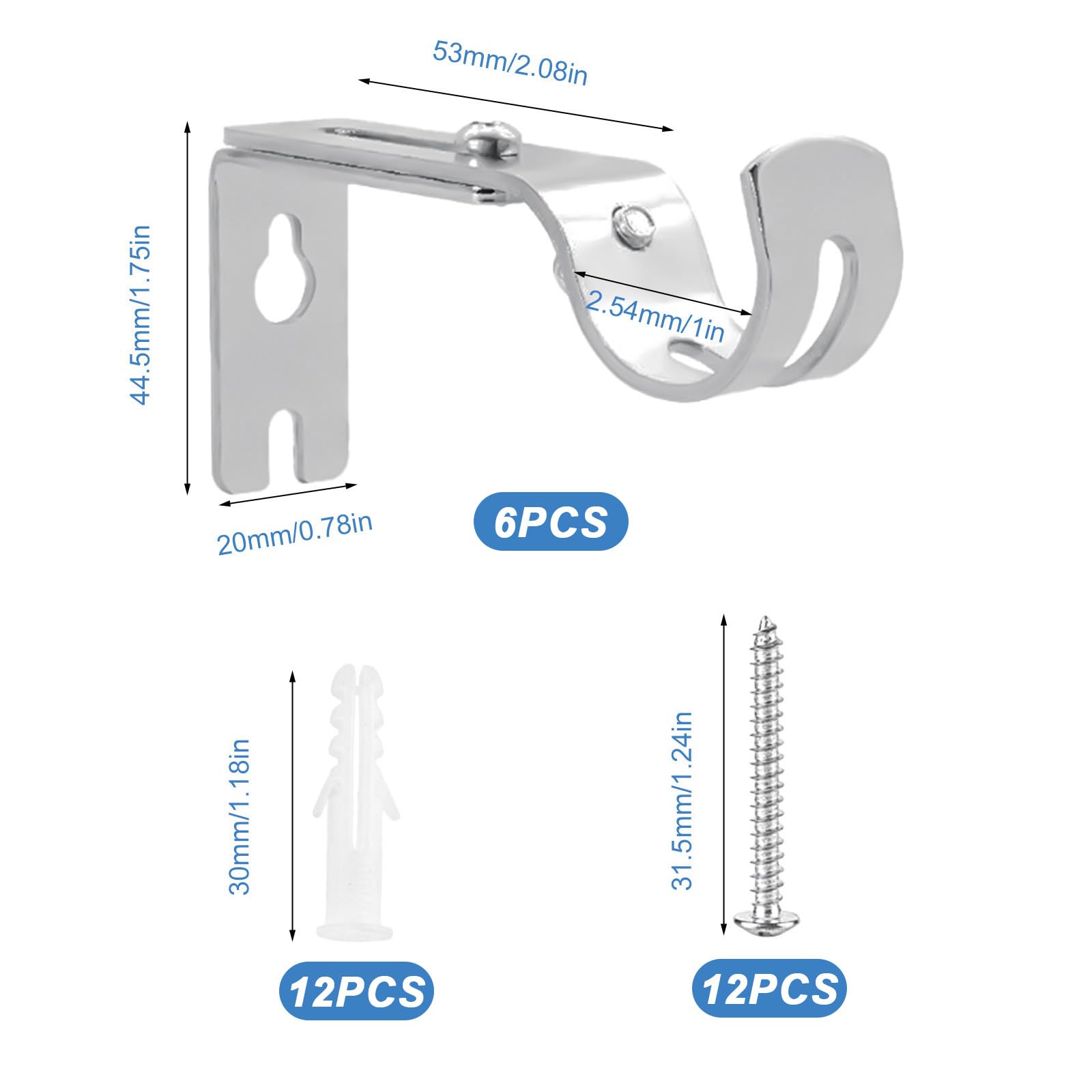 6 Heavy Duty Curtain Pole Holders, Adjustable for 25mm Poles, Silver Metal Wall Rod Brackets, 6pcs Silver, less than or equal to 25 mm - Image 2