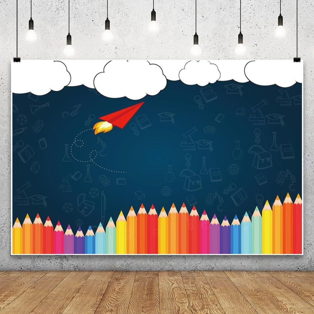 Leyiyi 2,4 x 1,8 m 'Welcome Back to School' fotografia tło stara klasa kreda tablica tablica kolorowe długopisy powrót sezon grunge gaf papierowy samolot tło studenci zdjęcie portret winyl studio