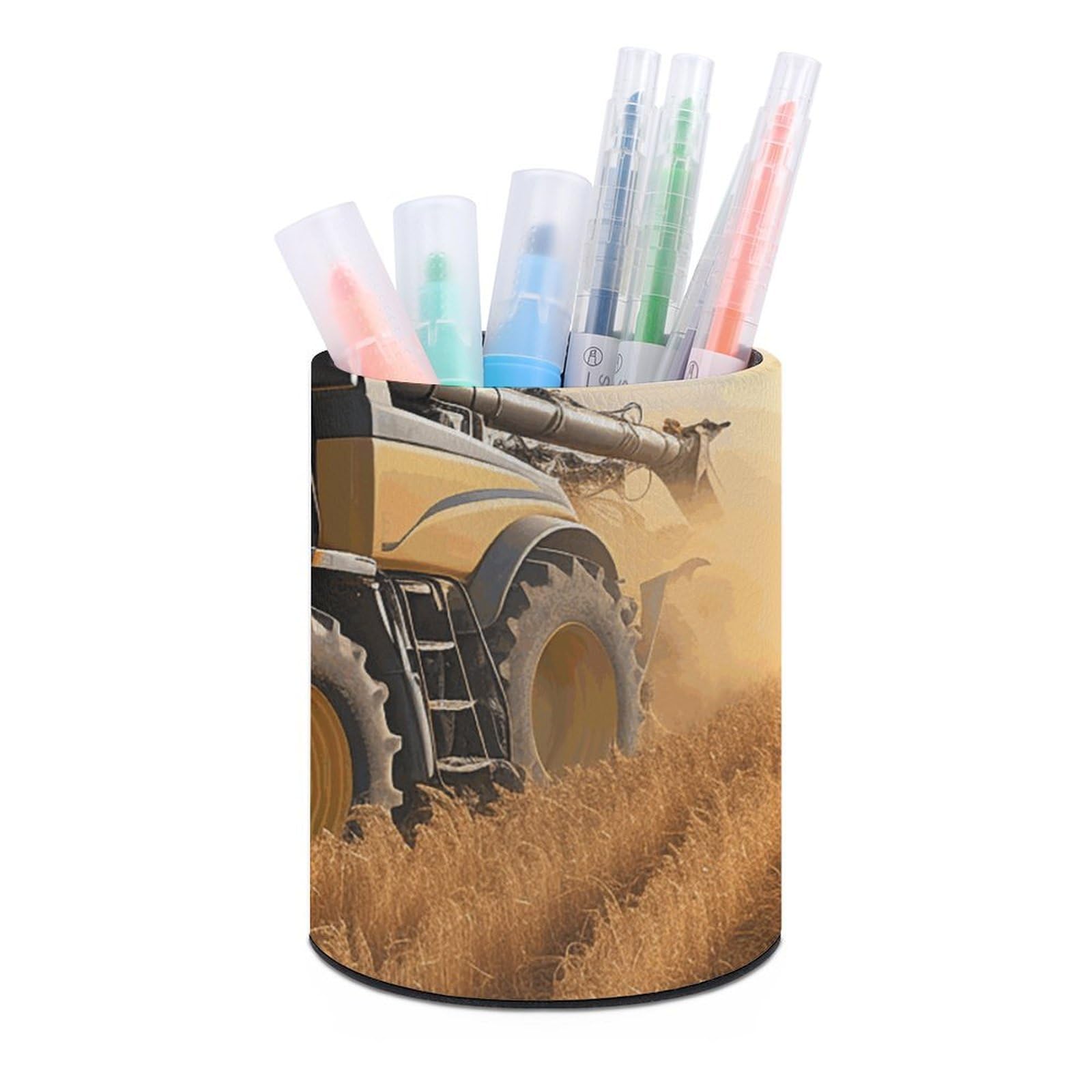 DWVTSLH Aesthetic Pen Holder for Desk - Modern Leather Pencil Holder - Stylish Round Makeup Brush Holder - Farm Tractor Harvest Pen Cup Cute And Functional Desk Organizer for Office Supplies