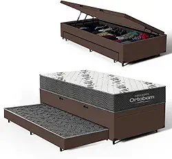 Bicama Box Baú Solteiro com Colchão de Espuma D33 Ortobom Airtech 100 + Auxiliar Unique 88cm (Marrom)