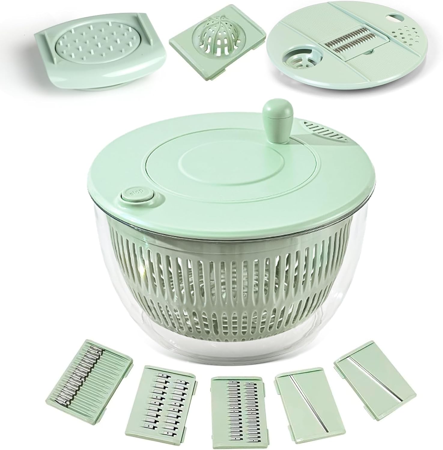 Large Salad Spinner and Slicer – 5.3 Qt, Grater with Container and Lid & Kitchen Gadget set, Vegetable Dryer Grater, with Fruits Wash Bowl, with Slicer and Shredder (Light Green) Large Salad Spinner and Slicer – 5.3 Qt, Grater with Container and Lid & Kitchen Gadget set, Vegetable Dryer Grater, with Fruits Wash Bowl, with Slicer and Shredder (Light Green)