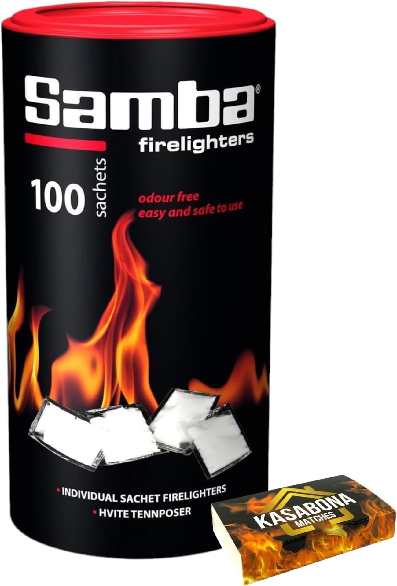 Samba Instant Sachet Firelighters Odourless Burning Quick Fire for BBQs Barbecues Wood Burners Wood Fired Ovens Stove Grills Campfires Refillable Tube with KasaBona Safety Matches (100 Firelighters)