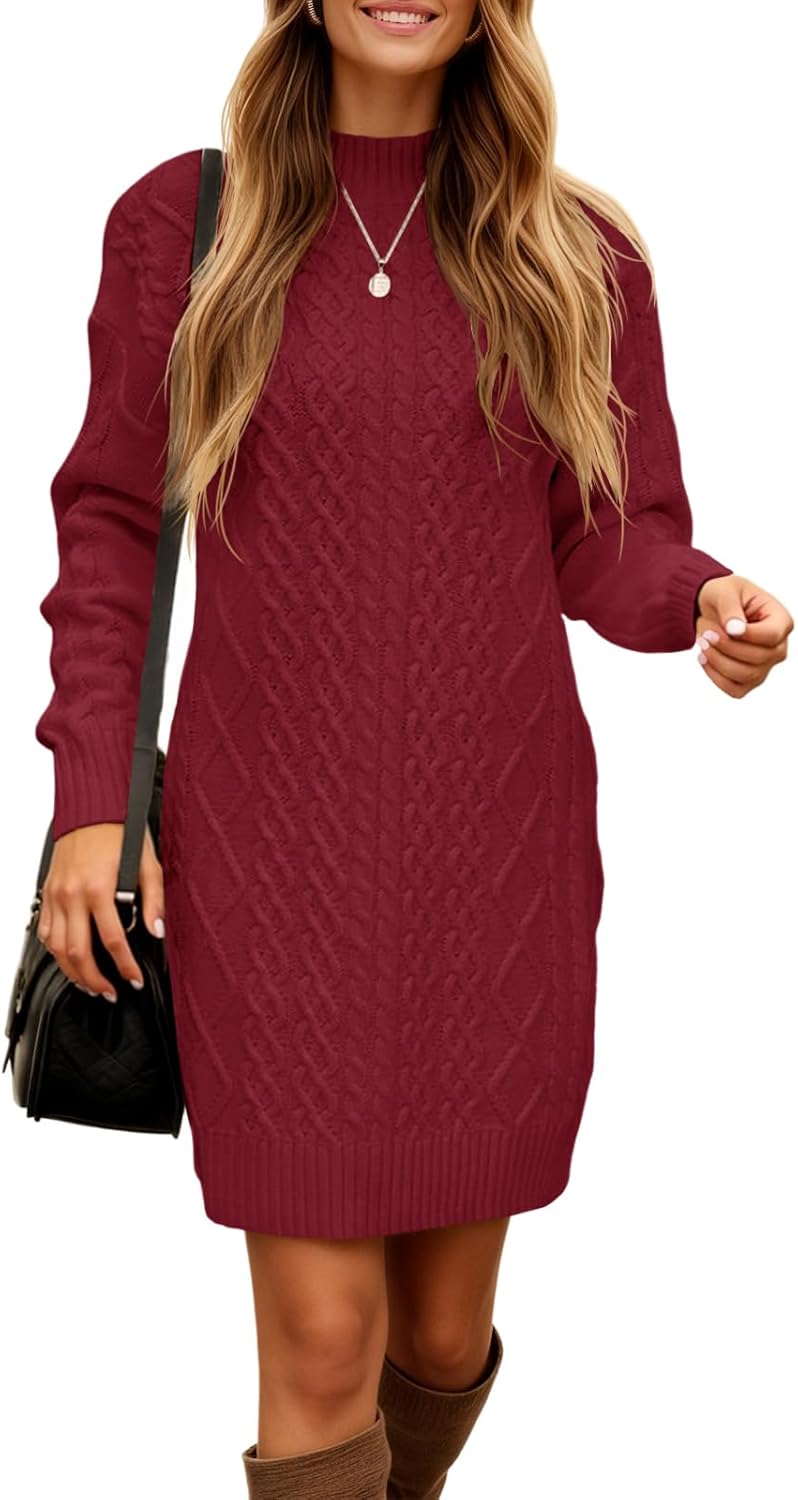 Saodimallsu Womens Cable Knit Mini Sweater Dress Turtleneck Fall Casual Chunky Long Sleeve Slimming Short Dresses