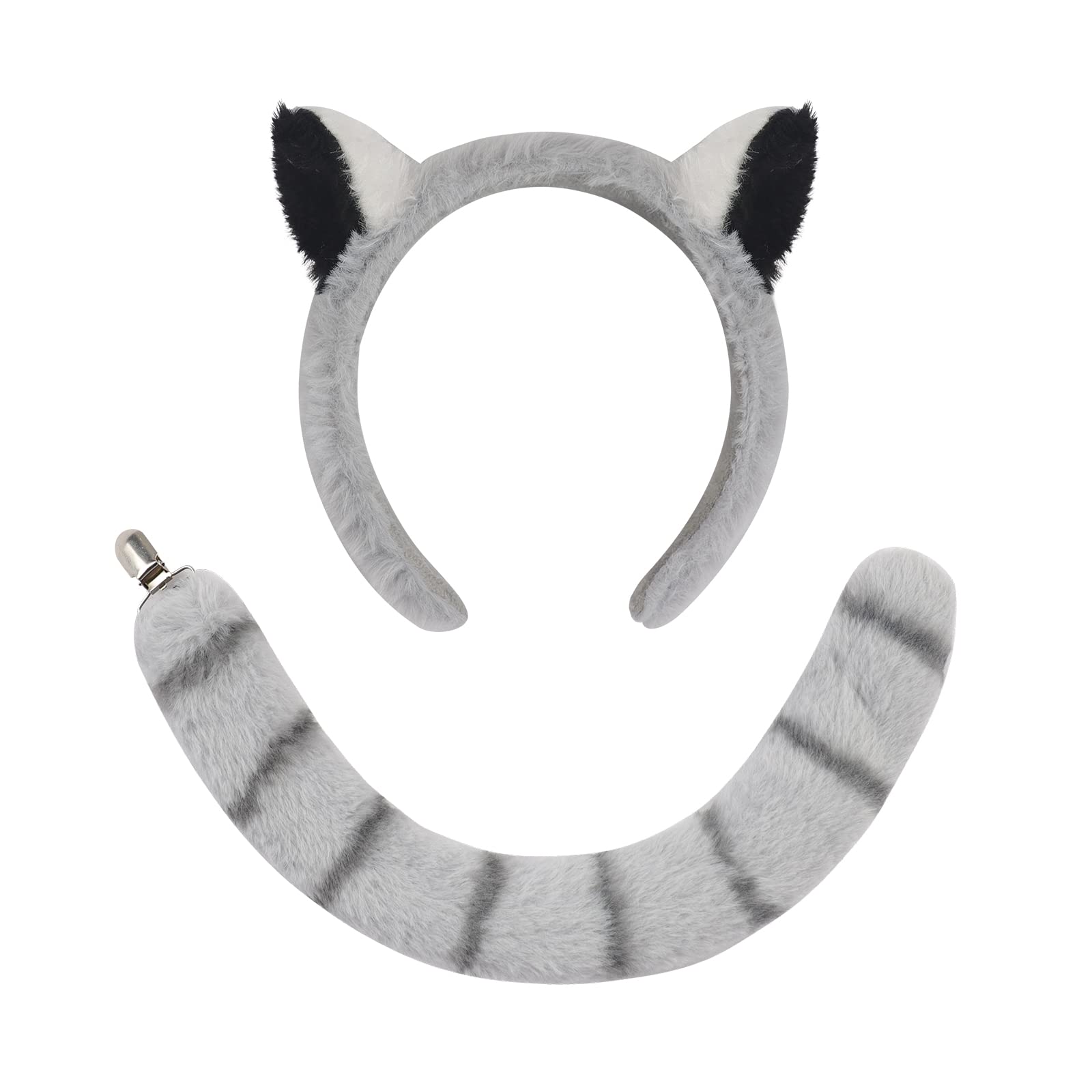 Cosplay Lion Lemur Ears & Bendable Tail Faux Fur Halloween Costume Animal Tail Ears Kit Headband Fancy Dress Up Accessories Cute Hairband Party Props for Women