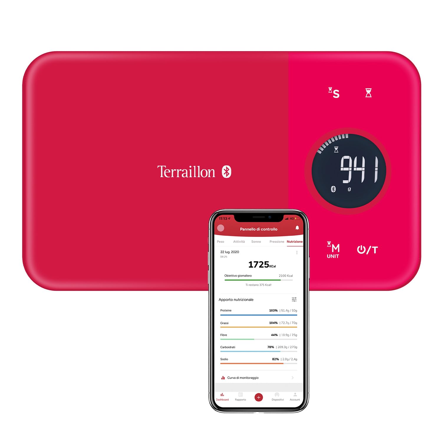 TERRAILLON - NUTRITAB - Bilancia da cucina con connessione Bluetooth, app MyHealth, piatto in vetro, portata 5 kg, precisione 1 g, scansione dei codici a barre, analisi del valore nutrizionale, rosso