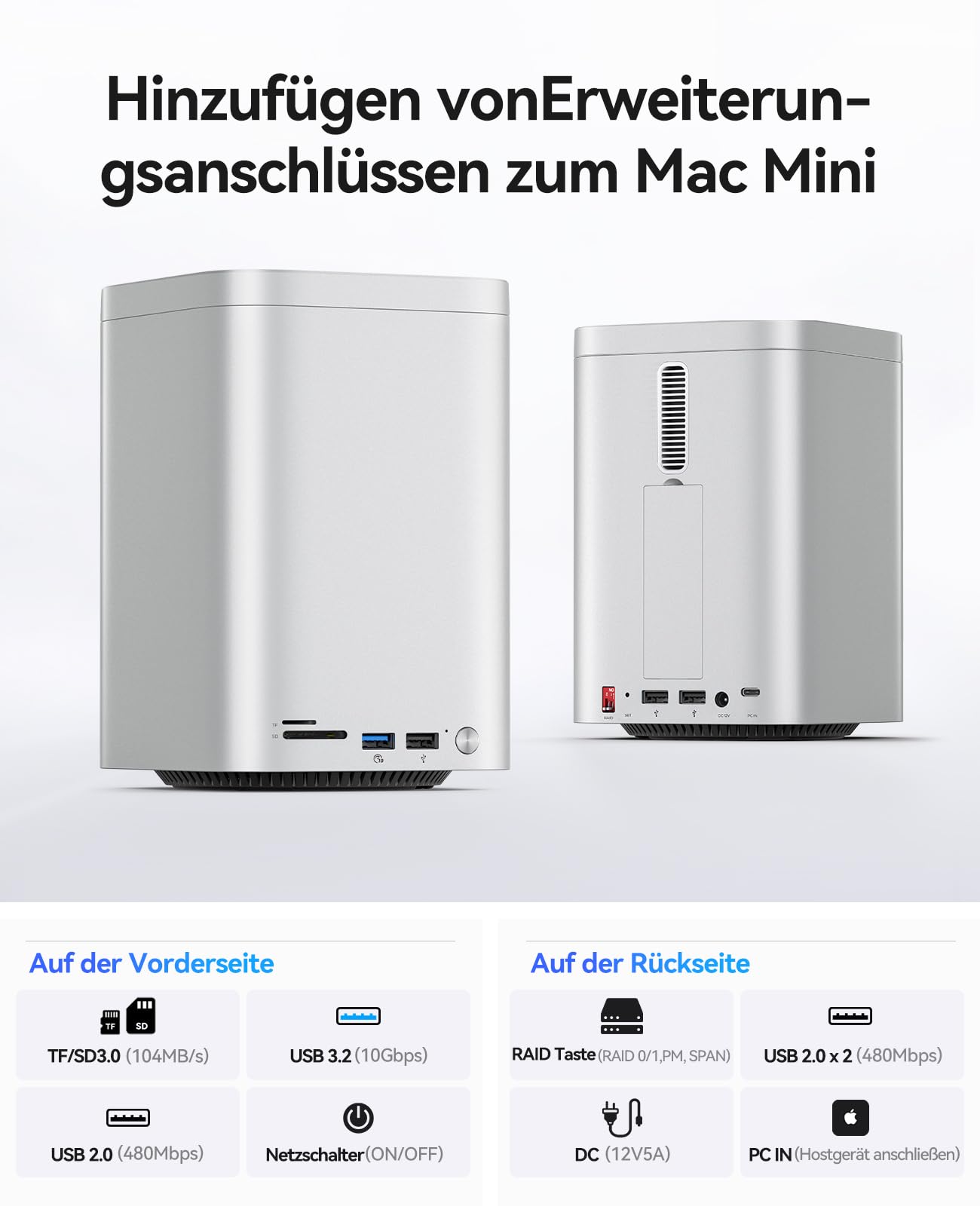 ORICO MiniTower Carcasa RAID de dos bahías con estación de acoplamiento hasta 56TB, HDD SATA de 2,5/3,5 pulgadas*2 / SSD NVMe*1, carcasa de aluminio, Hub USB C de 10Gbps para Mac mini, MacBook, Macs