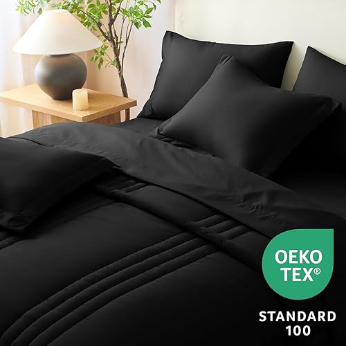 Miniatura 3 de CozyLux Juego de edredón Queen de 7 piezas, edredón negro tamaño Queen, juego de cama suave con edredón, sábanas, fundas de almohada y fundas de