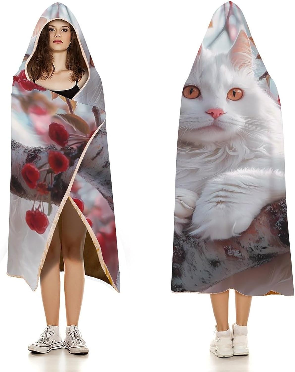 Cat on The Cherrytrees Wearable Blanket Oversized Throw Cape | Cozy Hooded Blanket Gifts for Women Men
