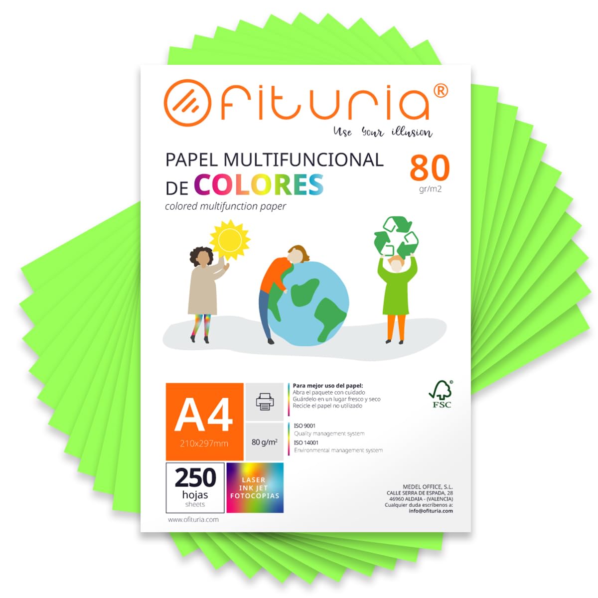 Coloured Sheets, Pack of 250 Sheets A4 80 g – Coloured Paper for Crafts, Printer, Scrapbooking – Folios Colours – Ideal Origami, Papiroflexia, Office and School (Fluorescent Green, 250h)