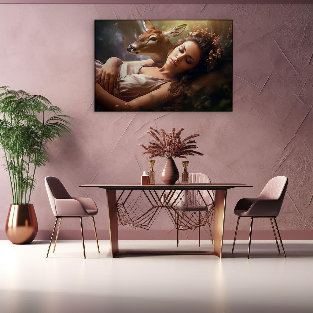 Canvas for Living room. Slumbering Beauty in Gold: A Dreamlike Encounter with a Forest Fawn, 27 x 18 inch Canvas Wall Art - Watercolor Painting - Modern Home Decor - 69x46 cm (27x18 inch)