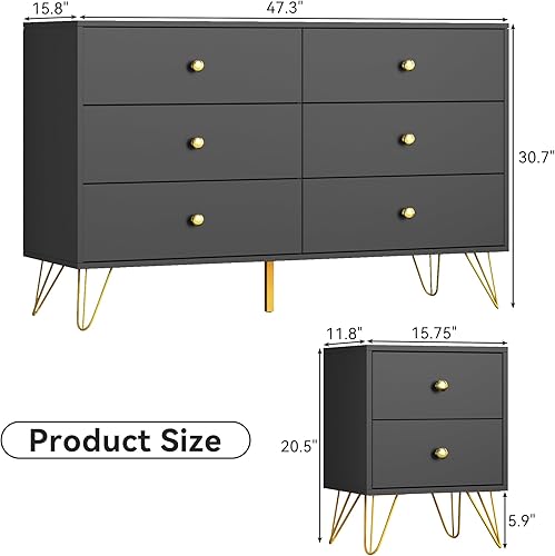 Miniatura 2 de Juego de tocador negro y mesita de noche para dormitorio, juego de 3 piezas con patas de metal, 6 cajones y 2 mesitas de noche con asas doradas,