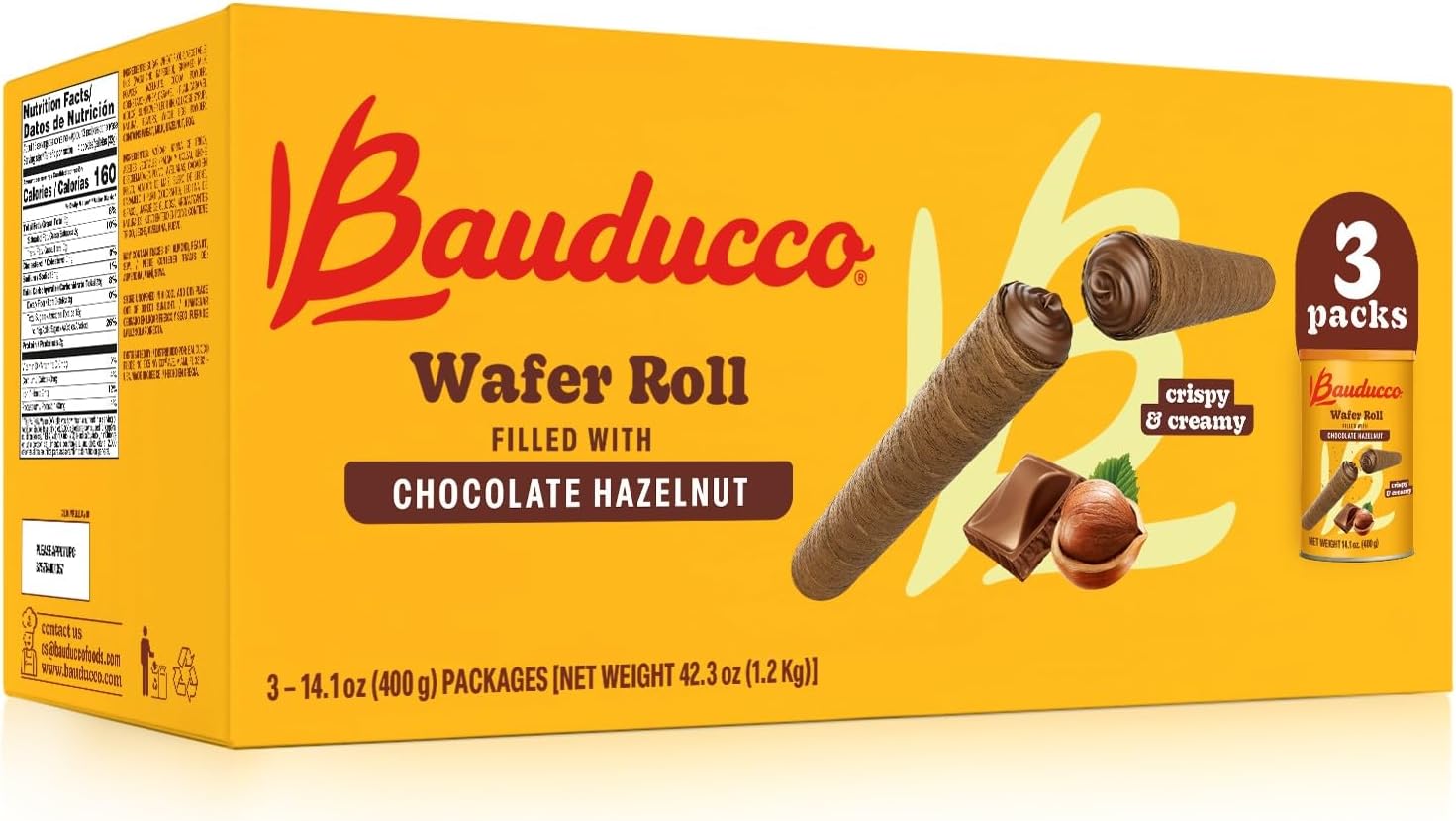 Bauducco Wafer Rolls, Crispy Chocolate Wafer Rolls Filled with Crey Hazelnut