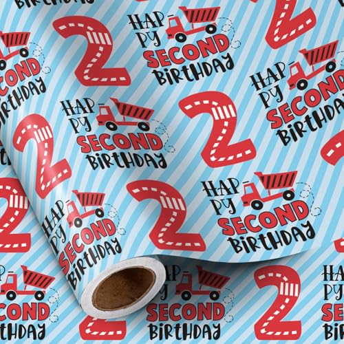 RUSPEPA 2nd Birthday Wrapping Paper for Boys - Mini Roll, 2 Years Old, Truck and Happy Second Stripe Design, 17 Inches x 16.4 Feet, Perfect for Party Gifts