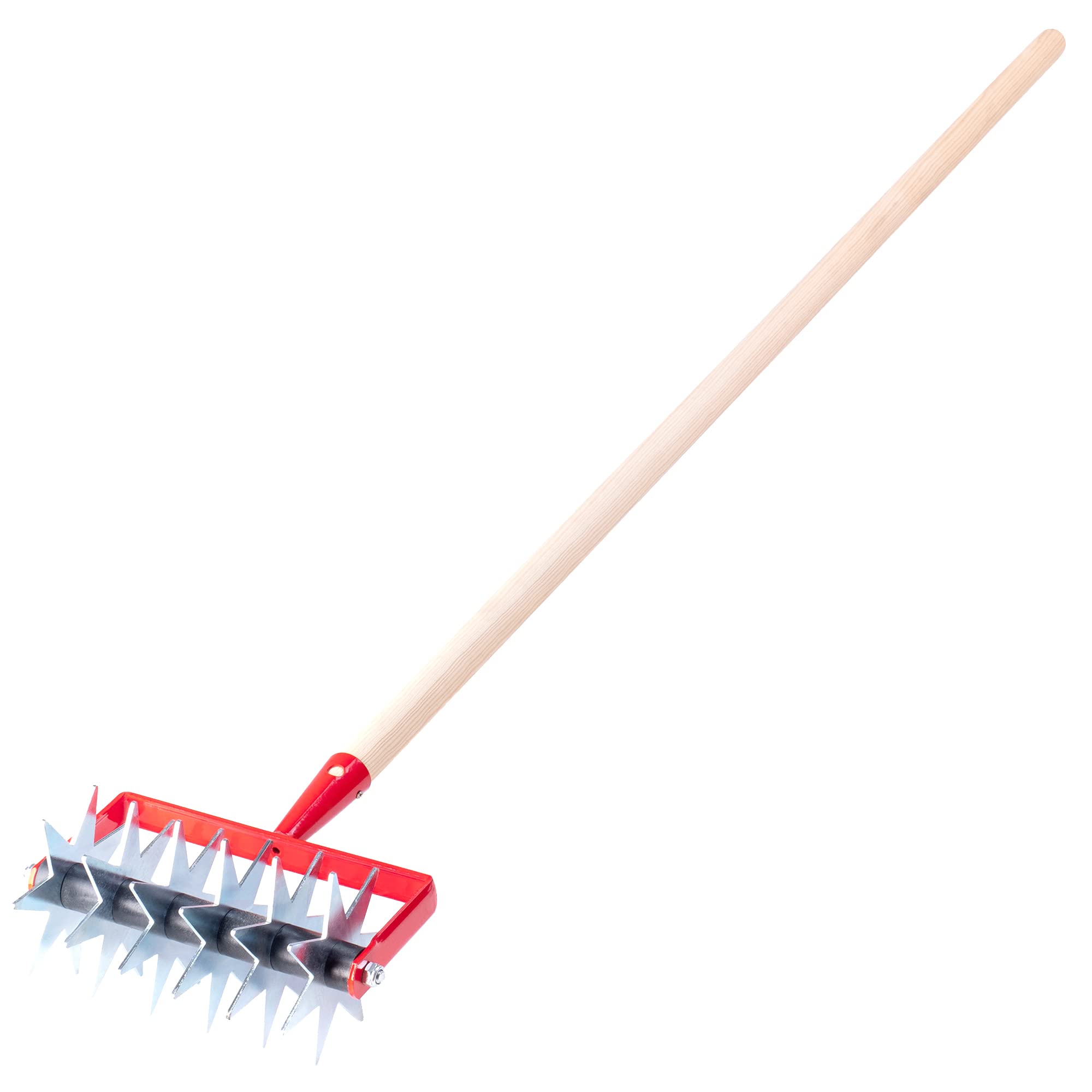KADAX Sternfräse, Gartenfräse aus Metall, Krümler zum Lockern des Bodens, Kultivator für Garten, Rasen, Unkraut, Rollhacke, Bodenkrümler, Rollkultivator, Bodenlüfter (mit 6 Sternen, Holzstiel)