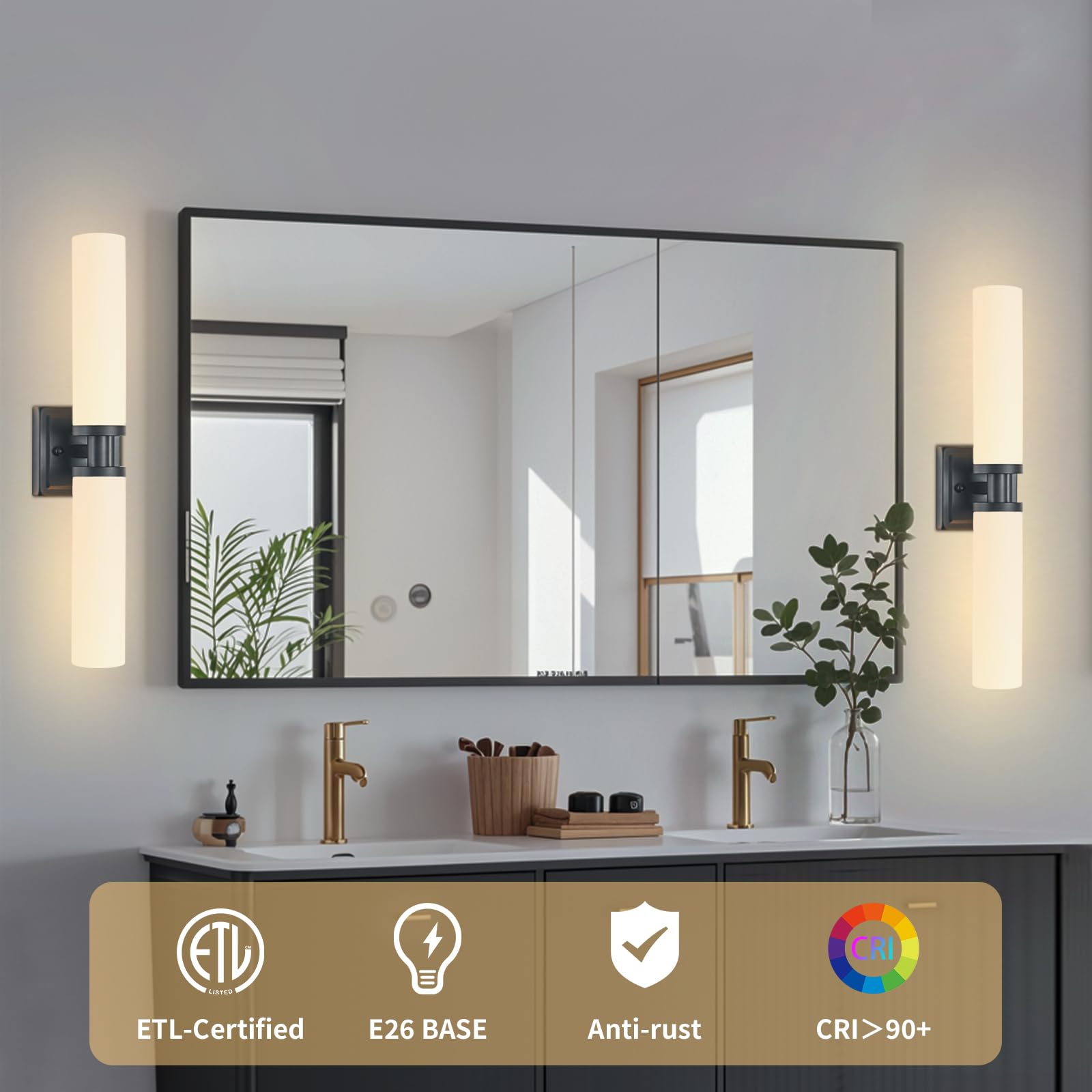 Black Wall Sconces Set of Two, Bathroom Sconces with Frosted Glass Shade, Modern Vanity Sconces Lighting over Mirror, Wall Light Fixtures for Living Room Bedroom Hallway (Bulbs Not Included)