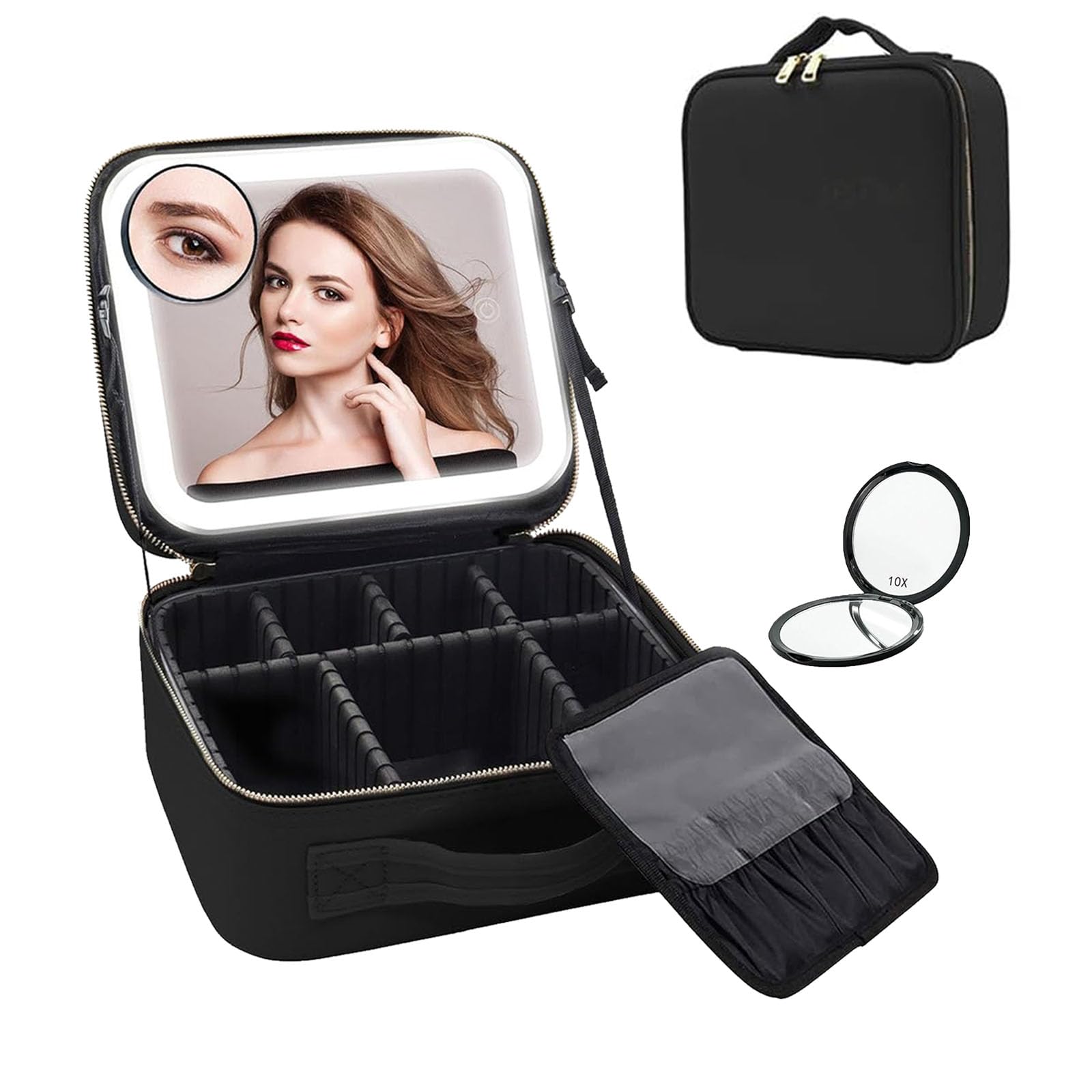 LED Estuche Maquillaje, Bolsa de Maquillaje, Neceser Maquillaje Organizador, Bolsa de Maquillaje Neceser de Viaje Portátil, Elegante Neceser Impermeable Negro Organizador con Espejo