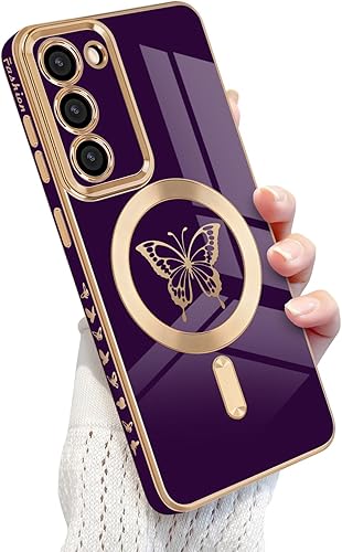 Newseego - Funda magnética para Samsung Galaxy S23 Plus 5G, bonita funda de lujo con borde chapado de mariposa para mujeres, niñas y hombres, TPU