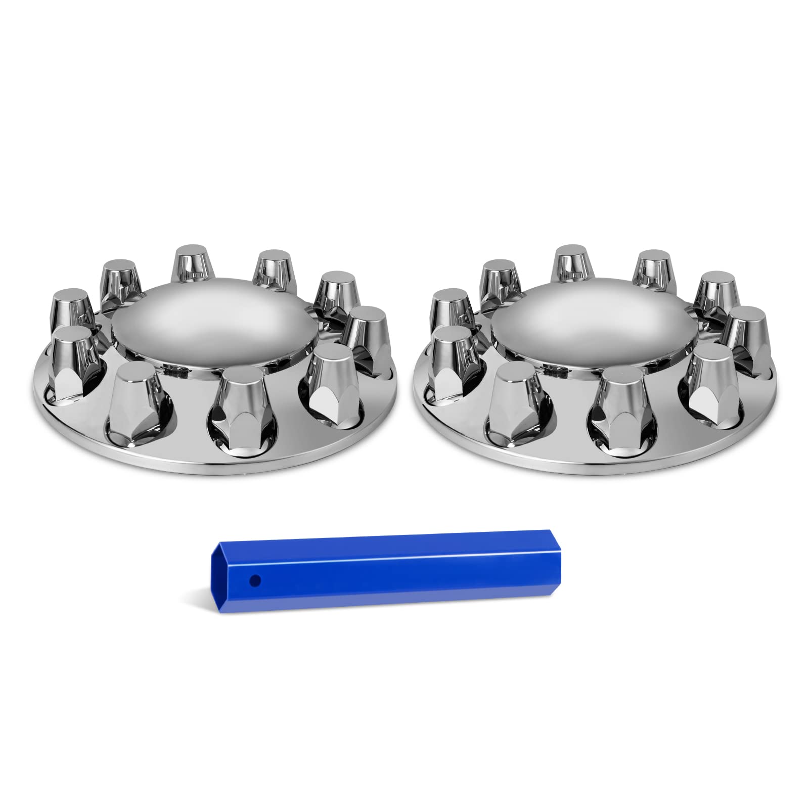 Chrome Dome 2 Front Axle Cover Kit with 32mm/33mm Thread-on Lug Nut Covers with Removable Hub Caps for Semi Truck (Installation Tool Included)