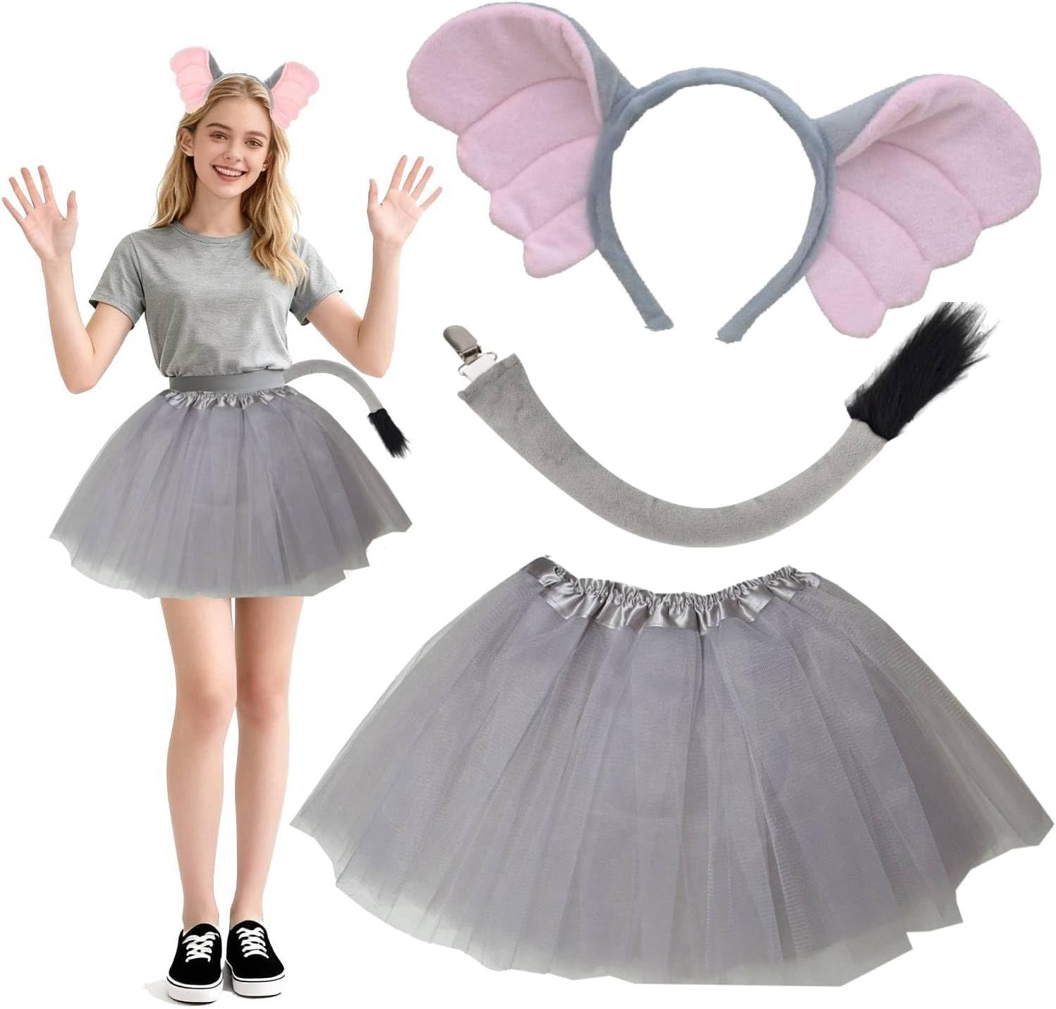 Kirei Sui Elephant Costume for Women Adults Ears Headband, Tail & Soft Lined Tutu Halloween Christmas Party Accessories