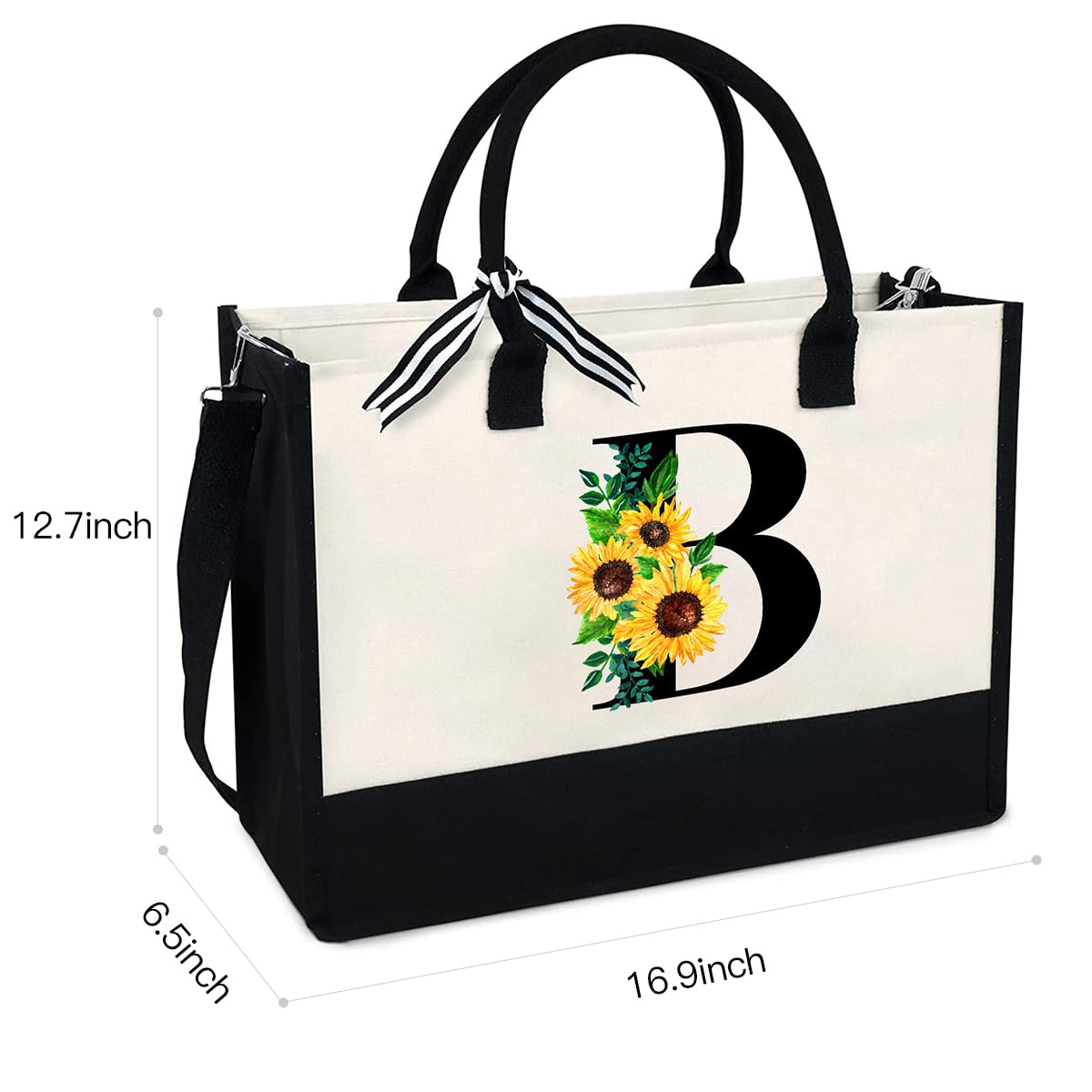 LIYACHAO Sunflower Tote with Zipper Pocket, 13oz Monogram Tote Bags for Women, Birthday, Christmas, Teacher Gifts, Initial Tote Bags for Women, Personalized Tote Bag for Womens, Wedding Gift Bag B